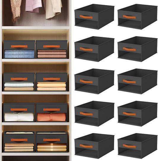 Homsorout Drawer Organizers and Storage - 10 Pack Foldable Pants Organizer with Clear Window & Handles, Fabric Closet Organizer for Clothes, Jeans, Sweaters, Towels, T-shirt, Scarf (Black)