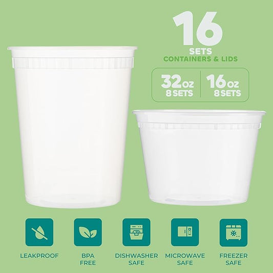 JoyServe Deli Food Containers with Lids - (16 Sets) 8-32 Oz Quart Size & 8-16 Oz Pint Size Airtight Food Storage Takeout Meal Prep Containers, BPA-Free, Dishwasher, Microwave Safe