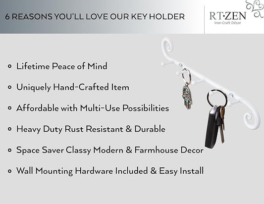 RTZEN Farmhouse Small Key Holder for Wall - Handcrafted Swirl Decorative 5 Key Hooks for Home Entryway - Wrought Iron Wall Mount Rack Purse Coat and Leash Holder or Organizer (Classic White)