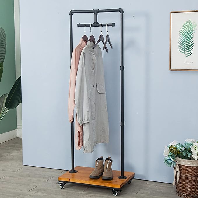 Industrial Pipe and Wood Rolling Clothes Retail Heavy Duty Garment Racks,Metal Clothing Store Hanger Storage Shelves,Floor-Standing Display Rack,Decor Pipeline Shelf (Black)