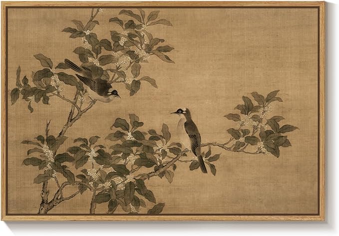Framed Vintage Botanical Birds on Branch Wall Art, Retro Neutral Still Life Canvas Artwork for Walls, Elegant Rustic Painting Print for Living Room Bedroom Dining Room Office Wall Decor, 36x24 Inch