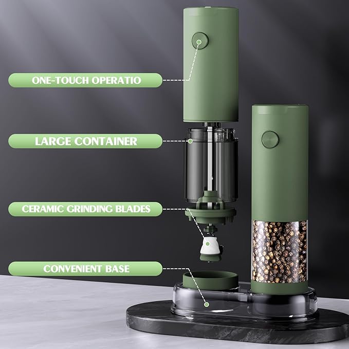 Salt and Pepper Grinder Set Mom Gifts, Electric Automatic Green Salt Pepper Shakers Home Kitchen Gadgets for New Home, Adjustable Coarseness Pepper Grinder Kitchen Appliances