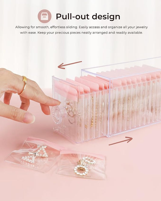 HOMEHIVE Clear Acrylic Jewelry Organizer Box with 20 Portable Pouches, Jewelry Storage Case for Women Girls, Tangle-Free, Anti-Tarnish, Compact Storage for Necklaces/Earrings/Rings, Upgraded Pink