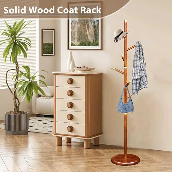 Solid Wooden Coat Rack Stand, Coat Racks Freestanding with 6 Hooks, Natural Birch Wood Coat stands with Sturdy Round Base, Tree Coat Hanger Standing for Entryway Bedroom Office (Tree Design2)