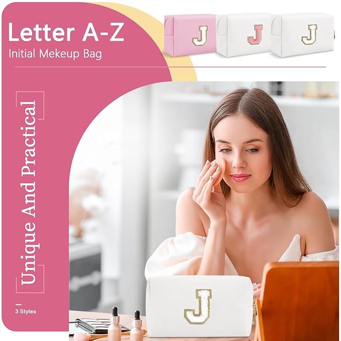 Small Personalized Initial A-Z Preppy Patch Makeup Bag,White PU Chenille Letter Travel Cosmetic Pouch with Zipper,Cute Toiletry Bag,Gift Ideal for Teen Girls Women Teacher Bridesmaid,Letter J