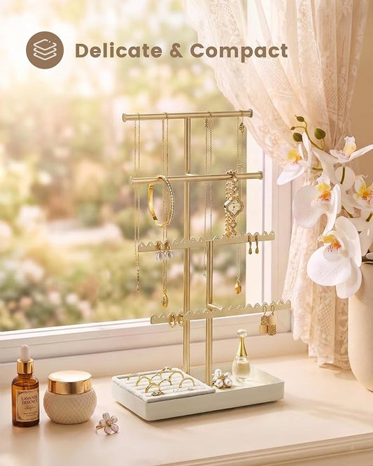 Lolalet 4-Tier Jewelry Organizer Stand, Metal Jewellery Holder, Dresser Display Rack for Necklace Earring Bracelets Rings, Gift for Women Girls -Gold