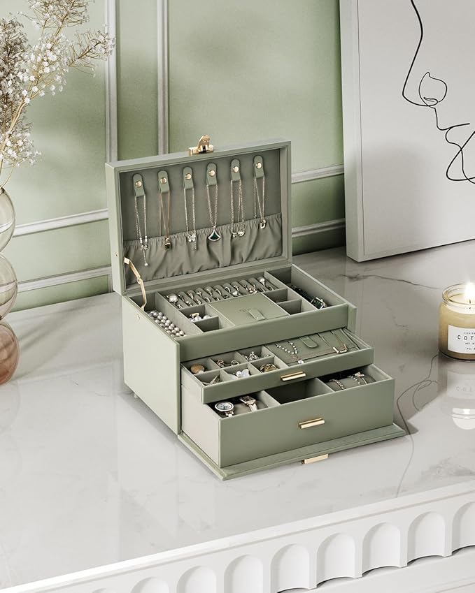 3-Tier Jewelry Box, Jewelry Organizer Box with 2 Drawers, Large Storage Capacity for Necklace Bracelets Earrings Rings, Lockable, Christmas Gift for Women, Green
