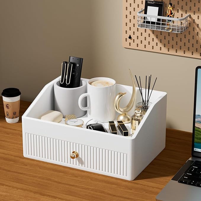 Office Desk Accessories,Beige White Vegan Leather Office Organizer with 1 Drawer & Tray,Pen Holder with Gold-Tone Metal Accents Knob for End Tables,Bedside Table,Bedroom.