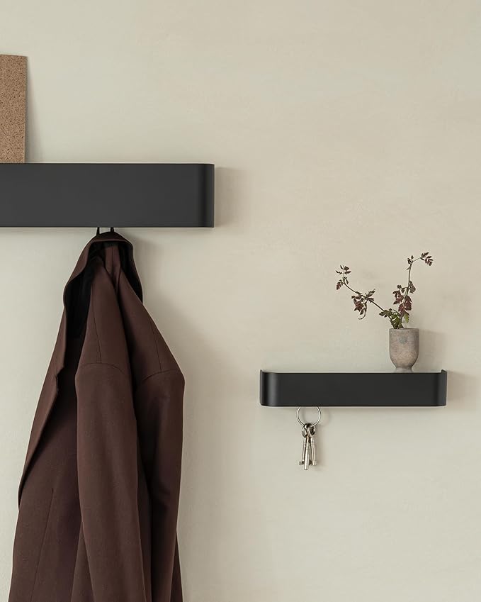Kazai.ยฎ Coat Rack Wall Mount with Shelf 'Tone' | Modern Design Coat Hanger with Hidden Hooks and Storage | Hat Rack with Shelf in Metal | Wall-Mounted Purse Organizer | Black