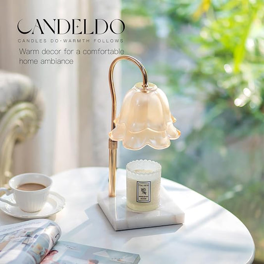 Candeldo Candle Warmer Lamp with Timer: Flower Candle Warming Lamp with Marble Base Height Adjustable Wax Warmer Dimmable Modern Kitchen Bathroom Decor Mom Birthday Gift for Grandma