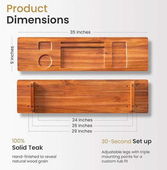 Teak Bathtub Tray for Freestanding Tubs - 35" Heavy-Duty Luxury Bath Caddy, Non-Slip Zero-Wobble Design, Water-Resistant Spa Organizer with Wine Glass & Phone Holder