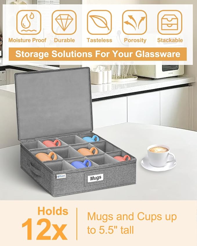punemi Mug Storage Organizer w/Hard Shell Sides & Bottom, Padded Dividers, 2-Pack Stackable Coffee Mug Storage Boxes for Tea Cups, China Storage Containers for Packing & Moving