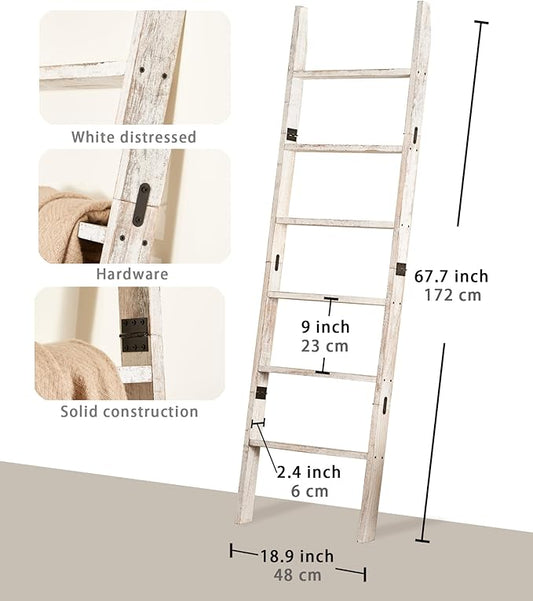 Blanket Ladder for The Living Room 6-Tier, Wooden Decorative Quilt Holder for Bed Room, Wall-Leaning Towel Rack for Bathroom,Rustic Farmhouse Ladders for Display. (White Wash)