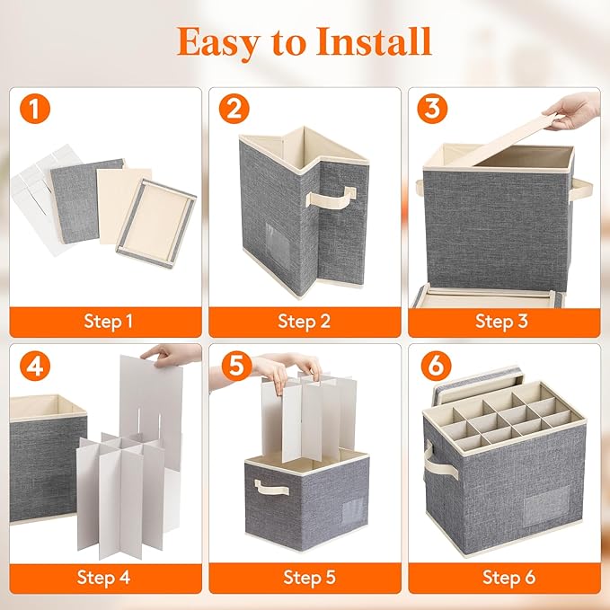 Lifewit 2 Pcs Champagne Flute Storage Box with Dividers, Stackable Cationic Hard Shell Stemware Containers with 24 Cells, Foldable Dustproof China Containers for Moving, Light Grey, 31 x21x28cm