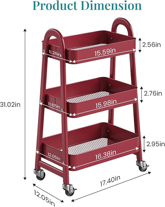 NEWBULIG 3-Tier Metal Rolling Cart with Lockable Wheels, Heavy Duty Mobile Utility Storage Shelf, Roller Book Snack Cart, Organization for Livingroom, Bathroom, Office, Red