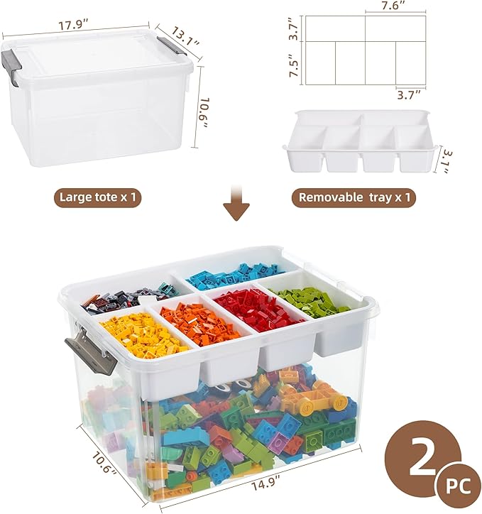 Citylife 32 QT Plastic Storage Bins with Removable Tray Large Stackable Storage Containers for Organizing Craft Storage and Storage Craft, Clothes, Files, Office Supplies, 2 Packs