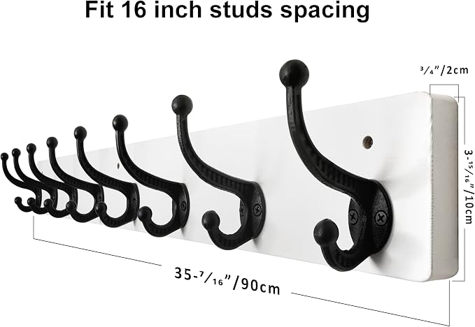 WEBI Rustic Coat Rack Wall Mount,35.43" Long 8 Cast Iron Coat Hooks Wall Mounted,Heavy Duty Wall Coat Hanger Hooks for Hanging Coats,Clothes,Black on White