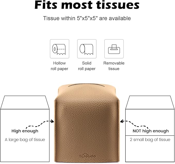 Tissue Box Cover, Tclouda, Modern PU Leather Square Tissue Box Holder for Creative Decorative, Ideal for Bathrooms/Office/Car/Nightstand/Outdoor Tent/Dining Table, 5"X5"X5", Single Claybank