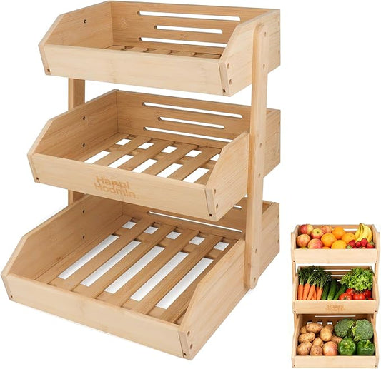 Happi Hoomin 3-Tier Bamboo Fruit Basket for Kitchen Counter – Large Produce Basket Organizer, Wooden Fruit Stand with Deep Ventilated Baskets for Fruits, Vegetables & Snacks