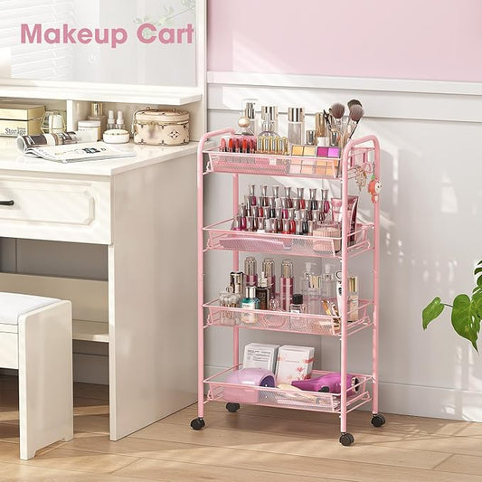 TOOLF 4 Tier Rolling Utility Cart - Durable Metal Design Pink Utility Cart, Storage Trolley on Wheels with 3 Hooks, Perfect for Kitchen, Bathroom & Laundry Room Organization