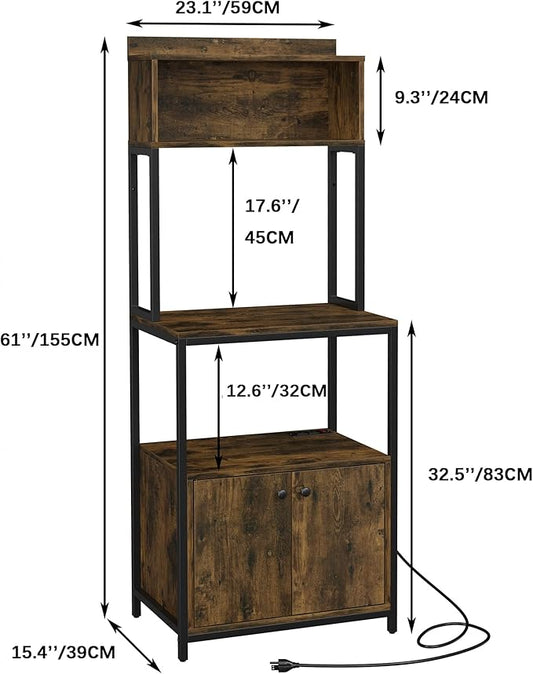 Furniouse 5-Tier Kitchen Bakers Rack with Power Outlet, Industrial Microwave Oven Stand with Storage, Kitchen Storage Shelf with Cabinet, Coffee cart, Standing Kitchen Storage Rack (Rustic Brown)