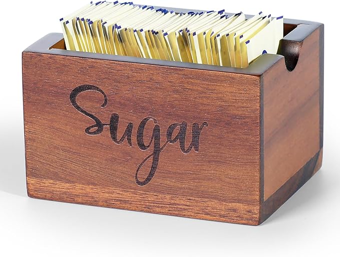 Acacia Sugar Packet Caddy for Coffee Bar, Farmhouse Wood Sugar Holder Packets , Sugar Packet Container, Small Tea Bag Organizer for Office Table,Hotel, Restaurant, Brown Labeled Sugar