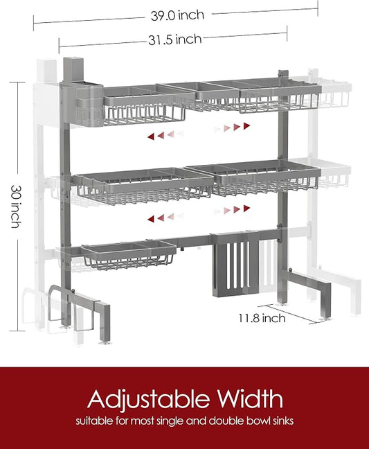 Sakugi Dish Drying Rack - Over The Sink Dish Drainer Drying Rack with Utensil & Knife Holder, Hooks, Stainless Steel Kitchen Organizers and Storage Solution, 11.8" D x 31.5"~39.0''W x 30" H, Gray