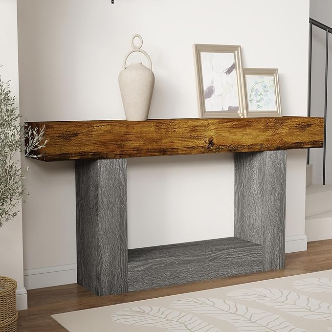 Spaco 63'' Long Console Table,2 Tier Farmhouse Entryway Table Sofa Table with Storage,Wood Behind Couch Table for Living Room, Hallway,Foyer (Rustic Brown w/Grey Leg)