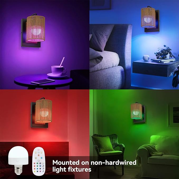 Battery Operated Wall Sconces Set of 2, Wireless Boho Rattan Wall Lights with Dimmable Bulbs, Remote & 12-Color RGB, Rechargeable Lamps for Bedroom, Living Room, Hallway Indoor Lighting