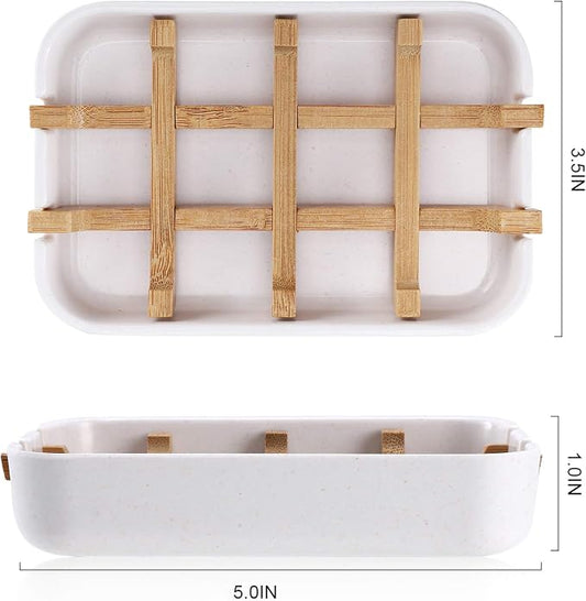 Bamboo Wooden Soap Dishes for Bathroom Bar Soap Holder Shower Soap Holder Sink Deck Bathtub Shower Tray (Two Pieces White)