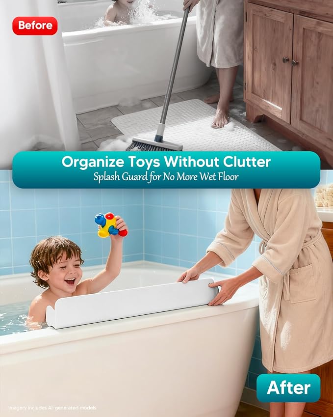 24 Inch Bathtub Splash Guard, Silicone Bath Tub Tray with 10 Strong Suction Cups, Bathtub Shelf Toy Holder, Prevent Water Spills in Bathroom, Easy Clean & Fold, White