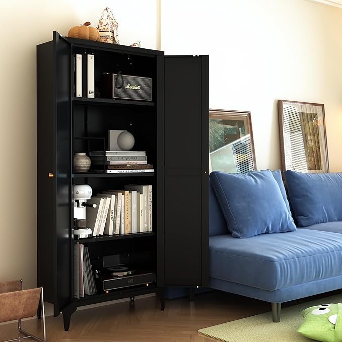 65"Tall Kitchen Pantry Storage Cabinet,Black Metal Storage Cabinets with Doors and Adjustable Shelves,5 Tier Freestanding Kitchen Cupboard for Dining Room Office Bathroom (Black, 65"H x 13"D x 27"W)