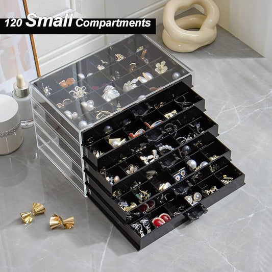 YUFONG Earring Storage Box Organizer, Acrylic Jewelry Storage Box Holder 5 Drawers Transparent Jewelry Display Stand with 120 Small Compartments Gift Boxes for Women Girls (Black)