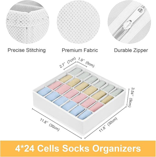 joyoldelf Sock Drawer Organizer Divider Underwear Organizer 24-cell Fabric Dresser Drawer Organizers Storage Boxes for Socks Lingerie, Handkerchiefs, Ties 4 Pack (White)