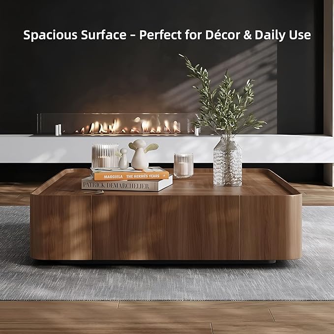 Luxury Wood Coffee Table with Hidden Drawer, Easy Installation Square Center Table for Living Room, Raised Edge Design, Premium Walnut Finish (39.37" Square Coffee Table)