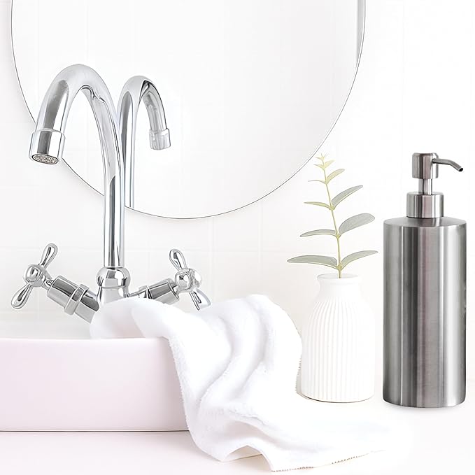 Silver Soap Dispenser for Kitchen & Bathroom – 15 oz Refillable Pump Bottle for Dish Soap, Hand Soap, Shampoo, Conditioner – Modern Countertop Dispenser with Non-Slip Protective Pads