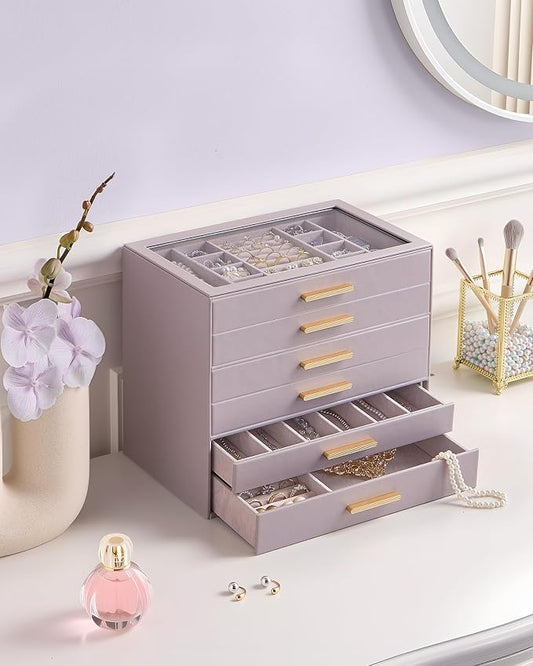 Lolalet Jewelry Box Organizer, 6-Layer Jewelry Organizers and Storage Case with Glass Lid, Ring Earring Bracelet Necklace Holder Organizer, Birthday Valentine Gifts for Women Girls -6Layer, HazePurple