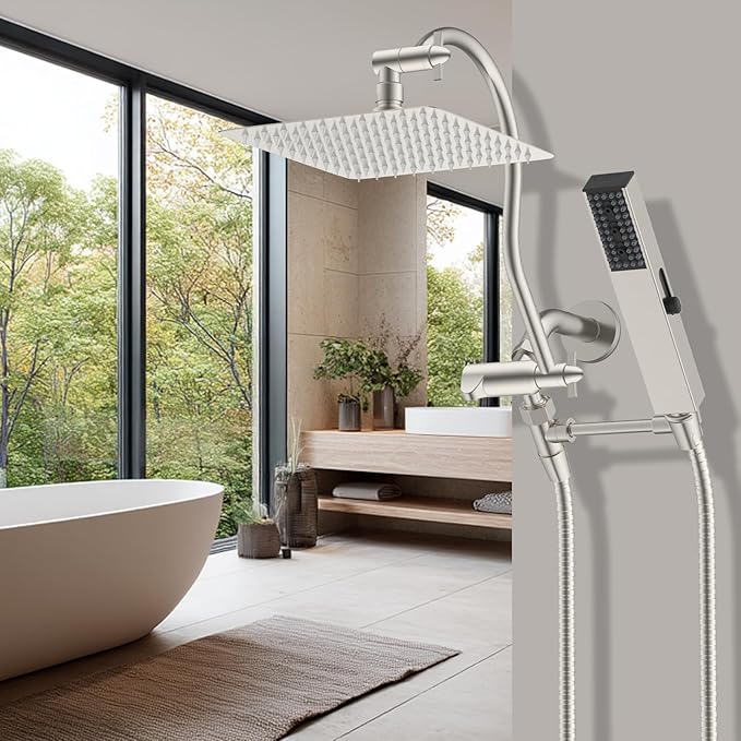 Hibbent All Metal cUPC Certified Shower Head, 8'' High Pressure Rainfall Showerhead Combo, Handheld Shower Wand, 12'' Adjustable Extension Arm, 4-Spray, 71'' Hose, Shower Holder, Brushed Nickel