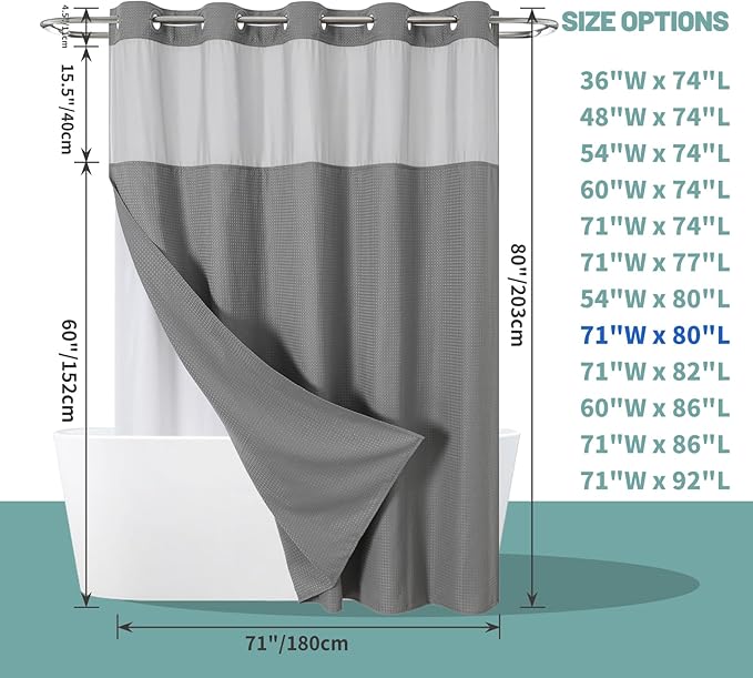 Grey Long No Hook Waffle Weave Shower Curtain with snap-in Liner Replacement, 230GSM Waterproof Fabric Hotel Shower Curtain Set for Bathroom, Through Mesh Top Window,71Wx80H