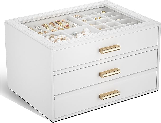 AKOZLIN Jewelry Box with Clear Lid Functional Leather Jewelry Storage Organizer Case 3 Drawers for Women Girls Necklace Ring Bracelet Earring