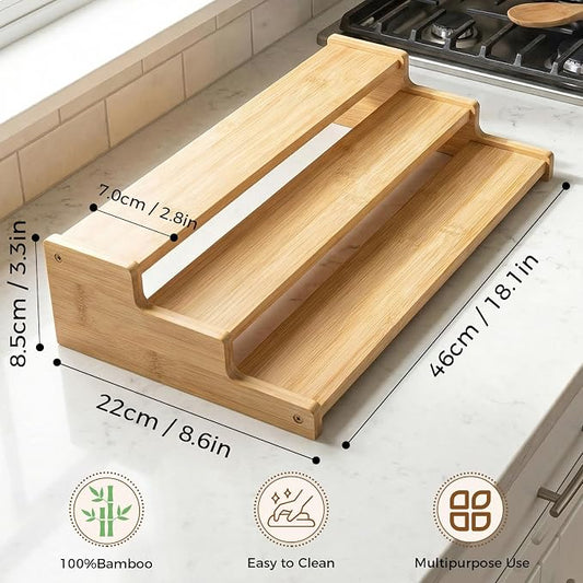 Spice Rack Organizer for Cabinet, 18in Bamboo Tiered Spice Rack,Used for Kitchen Countertops and Food Storage Room Organizer,Specially Designed for Jars and Spice Bottles(Bamboo, L)