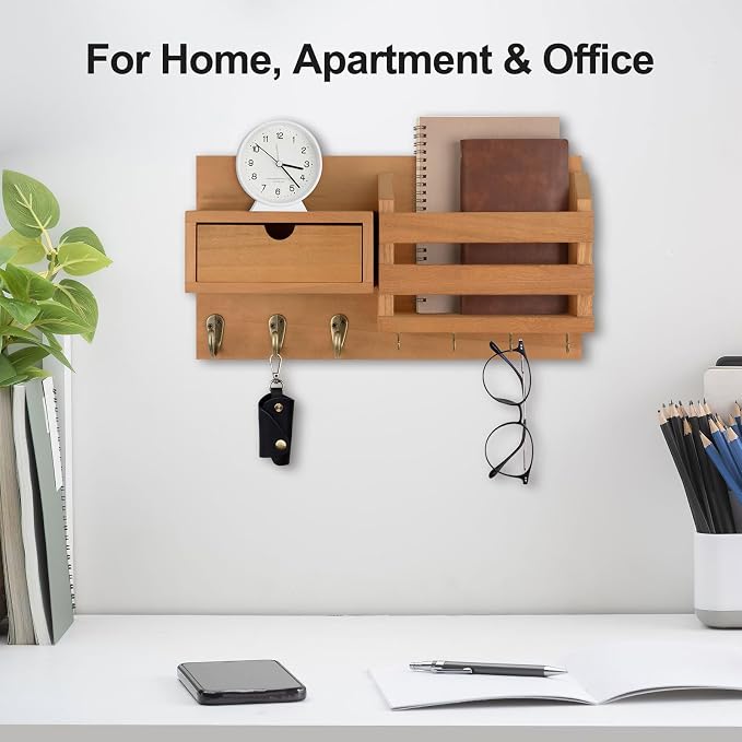 Lwenki Wall Mount Key Holder with Mail Organizer, 100% Paulownia Wood, 7 Metal Hooks, Storage Drawer, Entryway Home Decor