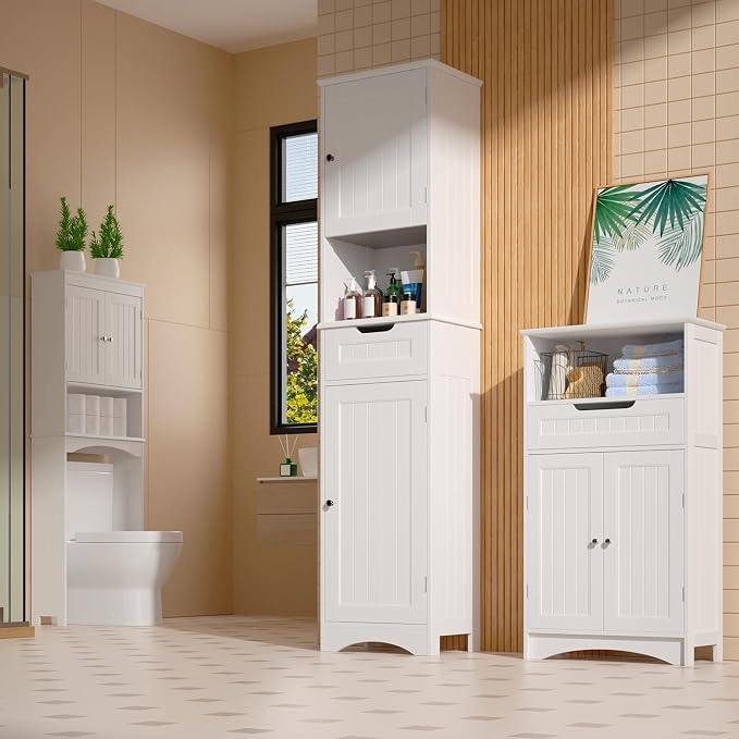 Gizoon 67" H Tall Bathroom Storage Cabinet, Narrow Storage Cabinet with 2 Doors & Drawer, Towel Cabinet with Freestanding Adjustable Shelves for Small Spaces, Kitchen, Living Room, Anti-Tipping, White