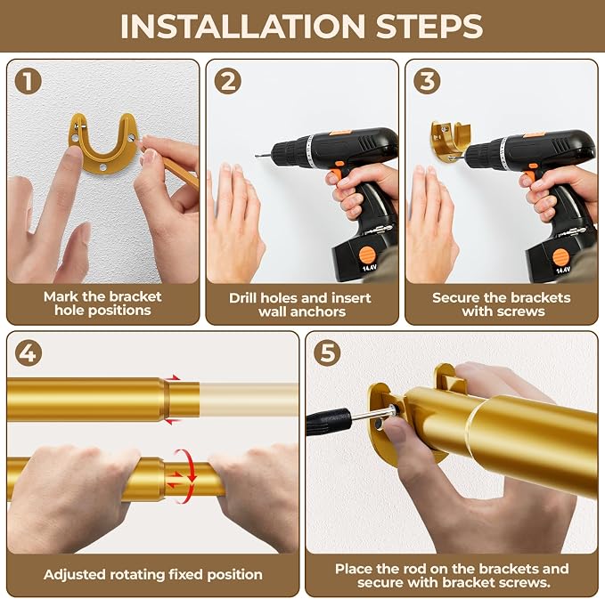 Mavivegue Closet Rod, 17 to 84 Inch Gold Adjustable Closet Rods for Hanging Clothes, Hanging Rod for Closet Wardrobes Laundry RV, Bathroom