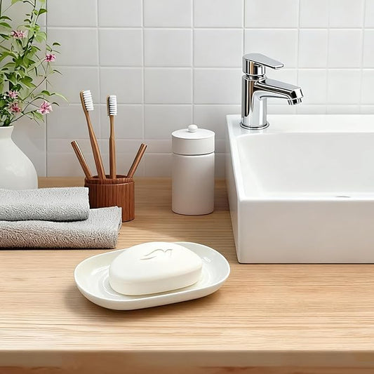 Ceramic Soap Dish for Bath Sink- Modern White Bar Soap Holder for Shower - Easy to Clean Multi-Purpose Oval Soap Dishes for Soap Bar, Sponges, Jewelry, Small Items | Fits Bathroom & Kitchen