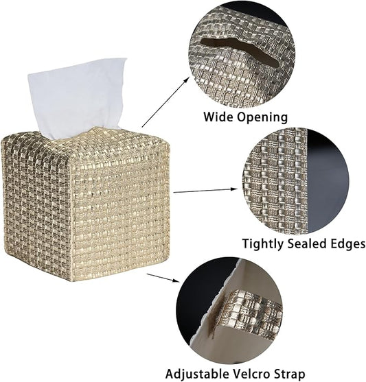 Tissue Box Cover 2-Pack, Square Tissue Holder with Bottom Belt, Modern Tissue Case Facial Paper Organizer Dispenser for Bathroom, Office, Home, Table, Car, Woven Pattern Golden