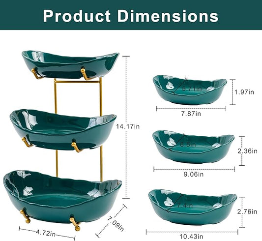 Lifevc 3 Tier Ceramic Fruit Bowl for Kitchen Counter,Tiered Fruit Basket for Countertop, Serving Tray for Food, Vegetable, Cake, Dessert in Party(Dark Green)