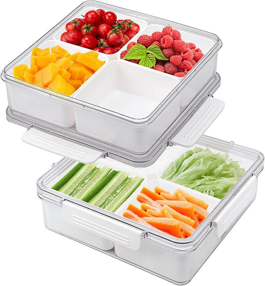 MANO 2pack Serving Trays for Party Divided Veggie Tray with Lid Sealed Sectioned Fruit Snack Serving box Vegetable Storage with 4 Compartments Snackle Box Charcuterie Container Fridge Organizer