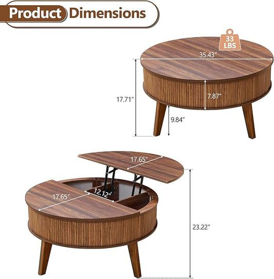 Round Lift Top Coffee Table with Storage, 35.4'' Fluted Wood Center Table Mid Century Modern Coffee Table with Lifting Top for Living Room, Office, Small Space (Walnut)