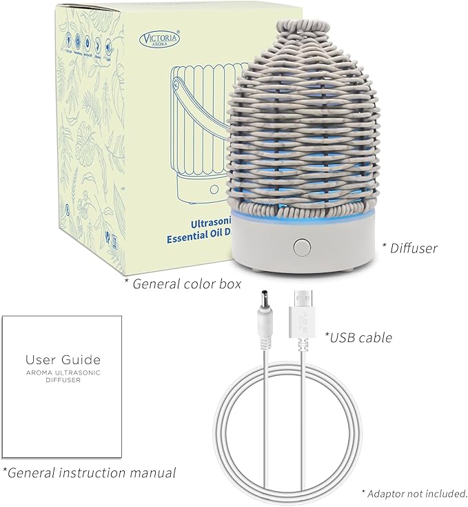 Essential Oil Diffuser - Multifunction Aromatherapy Diffuser 7 LED Color Changing Light 100ML Rattan Diffuser Easy to Clean Suitable for Home,Office (Grey)